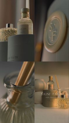 three different shots of perfumes and bottles