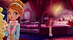 the princess and her doll are talking to each other in front of their bed room