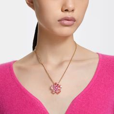 Idyllia necklace, Flower, Pink, Gold-tone plated | Swarovski Bright Necklace, Bracelet Tennis, Pink Watch, Necklace Flower, Swarovski Jewelry, Crystal Necklace Pendant, Single Earring, Adjustable Necklace, Metal Bracelets