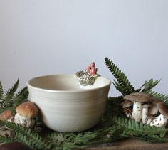 When I go into the woods I observe the small mushrooms growing in the moss. I love to imagine the enchanted worlds of the undergrowth, those little creatures that move in the silence of nature. I love the woods and the silence broken only by the crackling of dry leaves. In this bowl is the inspiration I collect during my walks looking for mushrooms ... Stoneware Bowl wheel thrown with subsequent application of mushrooms and moss Dimensions: diameter 11.5 cm, height 7 cm  (about) Each stoneware piece is wheel thrown, signed, waxed, glazed, fired and finished by hand. All of this pottery is food-safe, dishwash; and all of his glazes are non-toxic and lead-free. I will ship anywhere. Ceramic items are fragile and sometimes heavy. I pack with this in mind. Once its out of my hands it wont be h Pink Mushroom, Dry Leaf, Ceramic Gifts, Wheel Thrown, Handmade Ceramics, Serving Bowls, Stoneware, Kitchen Dining, Stuffed Mushrooms