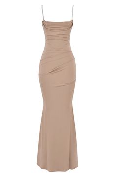 A signature built-in corset cinches the silhouette of this fluid maxi with ruching in all the right places and a flared hem. Exclusive retailer Square neck Elasticized straps Lined 95% polyester, 5% elastane Dry clean Imported Beige Formal Dresses, Jersey Corset, Off Shoulder Prom Dress, Corset Maxi Dress, Baddie Vibes, Evening Dresses Cocktail, House Of Cb, Junior Dresses, Modern Fashion