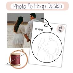 a couple holding hands while standing next to each other with the text, photo to hoop design