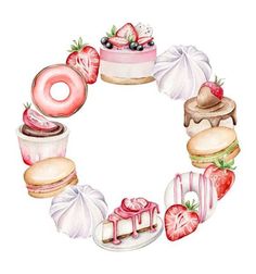 a watercolor drawing of different desserts arranged in a circle