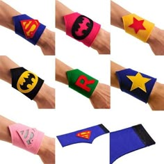 several different types of wristbands with superhero logos on each one and stars on the other