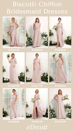 the bridesmaid dresses are all in different styles and colors, including one that is very