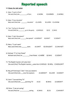 the worksheet for reported speech is shown in green and white letters, which are also