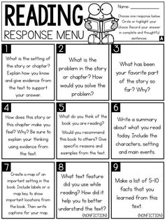 the reading response menu for students to use in their writing and speaking skills, including