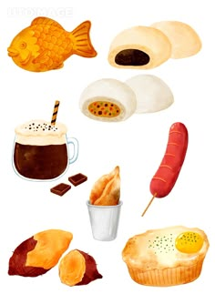 watercolor painting of food and drinks on white background with fish, hot dog, muffins