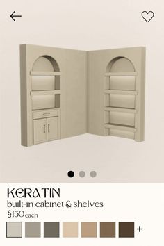 an open book is shown with the text keratn built in cabinet and shelves $ 150 each