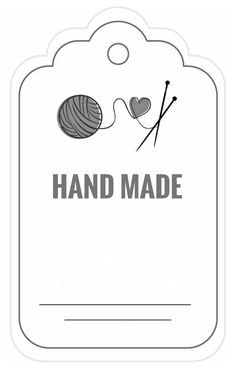 a hand made tag with knitting needles and balls of yarn in the center, on a white background