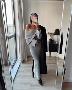 Grey Dress Outfit, Knitted Dress Outfit, Off The Shoulder Knit, Zara Maxi Dress, Sweater Dress Outfit, Grey Outfit, Maxi Knit Dress