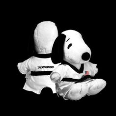 a white stuffed dog with black collar and name tag on it's chest sitting in front of a black background