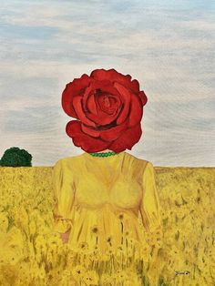 a painting of a woman with a red rose on her head in a yellow field