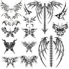 a set of different tattoo designs with wings and bats on the back of each one