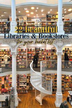 the inside of a bookstore with stairs and bookshelves on each floor, surrounded by white pillars