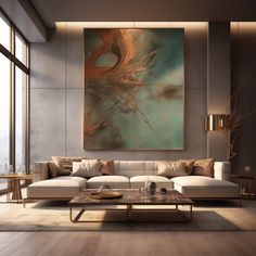 a living room filled with furniture and a large painting hanging on the wall above it