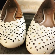 Reposhing This Item I Purchased From @Ajzup. Shoes Are Lightly Worn. Questions? Leave A Comment Below! Chloe Shoes, Leather Ballet Flats, Ballet Flat, White Leather, Flat Shoes Women, Ballet Flats, Loafer Flats, Gold Color, Chloe