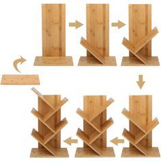 four wooden shelves with arrows pointing to them