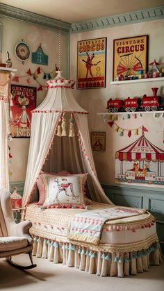 a bedroom with a canopy bed and lots of pictures on the wall