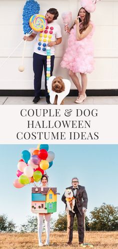 some people are dressed up in costumes and posing for pictures with their dogs, cats and balloons