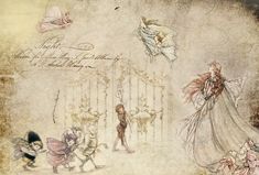 an image of a fairy scene with angels and other things in the background that are hand drawn