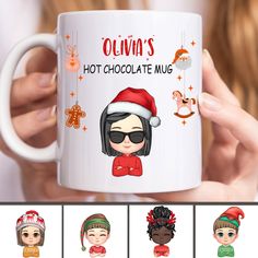 a woman holding up a coffee mug with christmas decorations on it and the words,'ohana's hot chocolate mug