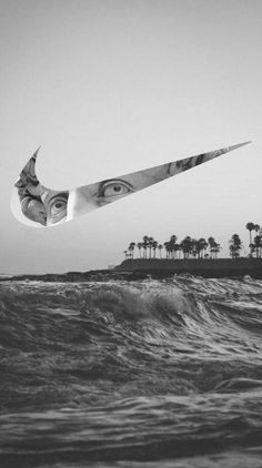 a kite flying over the ocean with palm trees in the background