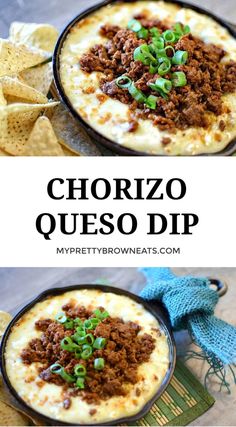 two pictures with the words chorizo queso dip in them