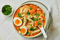 Easy Fragrant Chicken Laksa with Vermicelli, Coriander and Chilli | Marley Spoon Chicken Laksa, Vegetarian Meat, Marley Spoon, Vermicelli Noodles, Meal Kit, Easy Dishes, On The Menu, Boiled Eggs, Healthy Options