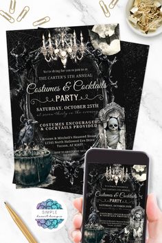 Get ready to host the ultimate Halloween costume party with our customizable invitation that is easy to edit! This invite features a gothic candelabra, bats, moon, bubbling cauldron, black raven, and a tomb with a mummy breaking out. Let your imagination run wild and be inspired by endless spooky party ideas. Customize the text and receive both digital and printable versions for great value. Don't miss out on creating the perfect Halloween celebration! Don't forget to save this for later and follow Simple Desert Designs for the best party ideas! Halloween Cocktail Party Invitations, Costumes And Cocktails, Gymnastics Invitations, Cheerleading Fundraiser, Dance Fundraisers, Fundraising Games, Halloween Cocktail Party, Elsa Birthday Party