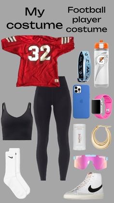 a woman's sports outfit and accessories are arranged in the shape of a football jersey