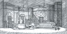 a drawing of a living room with couches and chandeliers