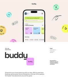 the buddy app is displayed on an iphone screen with stickers and bubbles around it