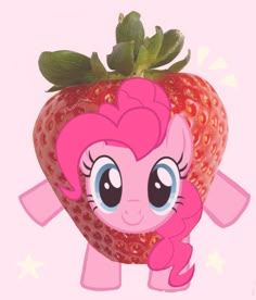 a pinkie pie with big eyes standing next to a strawberry