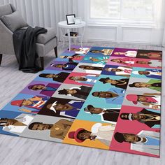 a living room area rug with many different people on it