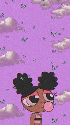 an animated cartoon character standing in the middle of butterflies and clouds with her eyes closed