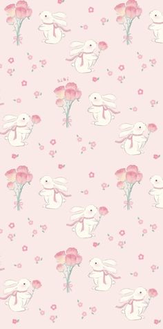 a pink wallpaper with white rabbits and flowers