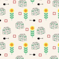 a pattern with small houses and sunflowers on a white background, designed by person