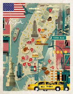 an illustrated map of new york with the city's famous landmarks and attractions on it