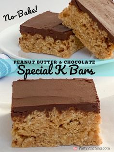 no bake peanut butter and chocolate special k bars on a plate with the words, no bake peanut butter and chocolate special k bars