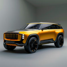 an suv is shown in this image with yellow accents and black rims on the front