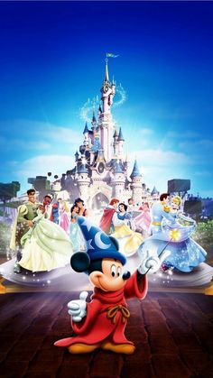 mickey mouse is standing in front of a castle with other disney characters around him and the castle