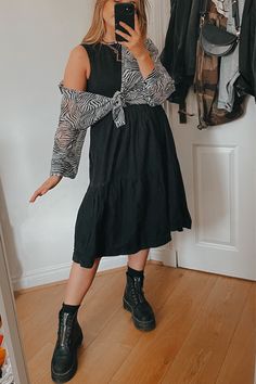 Dr Martens Teacher Outfit, Midi Dress With Doc Martens, Mid Size Rock Style, Sinclair Doc Martens Outfit, Dr Marten Sinclair Outfit, Dr Martens Outfit Dress, Alternative Midsize Fashion, Black Outfit Midsize, Doc Martens Sinclair Outfit