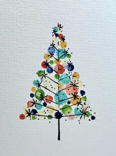 a watercolor painting of a christmas tree on white paper with black and blue accents