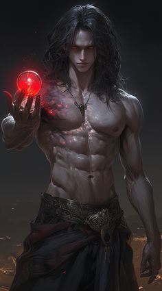 a man with long hair and no shirt holding a red ball in his right hand