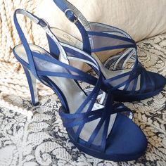 Absolutely Stunning Nwt Adrianna Papell Navy High Heel Shoes - Never Worn. Satin Straps With Chic Mesh Between Straps. Silver Adjustable Buckle And Silver Inner Shoe Lining. 1 Inch Platform And 5 Inch Stiletto Heel. Size 8 1/2. Original Box And Packaging. Elegant Blue Sandals With Padded Heel, Blue Open Toe Sandals For Gala, Blue Fitted Heels For Gala, Blue Almond Toe Sandals For Formal Occasions, Formal Blue Almond Toe Sandals, Blue High Heel Sandals For Gala, Blue Ankle Strap Sandals For Gala, Elegant High Heel Blue Sandals, Elegant Blue High Heels