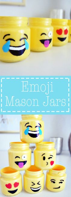 some yellow jars with faces painted on them and the words emoji mason jars