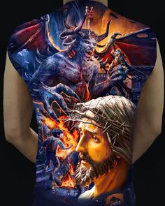 the back of a man's shirt with an image of jesus surrounded by monsters