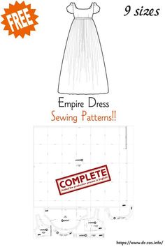 the empire dress sewing pattern is shown in three different sizes and has a red stamp on it