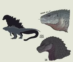 three different types of godzillas are shown in this drawing, one is black and the other is gray